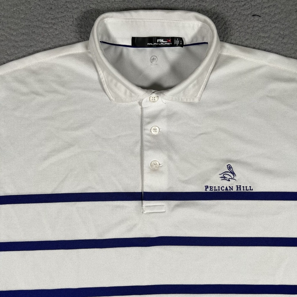 RLX Ralph Lauren Shirt Mens Large White Striped Performance Golf Pelican Hill